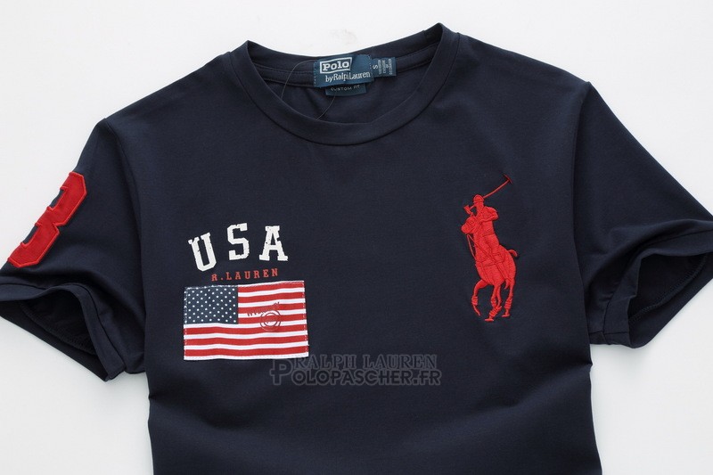 Ralph Lauren Homme T-shirt Pony Polo Usa Flag Bleu Acier